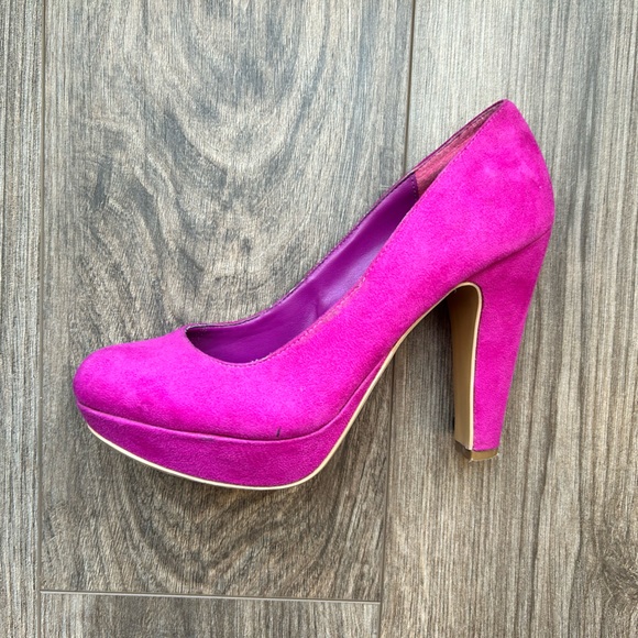 Fuschia Suede Barbie Platform Heel Round Toe Shoe Party Dress Art Chic Prom Date - Picture 12 of 15